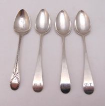 Three George III hallmarked silver Old English pattern teaspoons by Hester Bateman and a bright