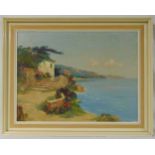 Corbey framed oil on canvas of Mediterranean coastline, signed bottom left, Harrods label to