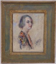 Alfred Woolmark framed oil on board portrait of a lady signed bottom left and dated Dec 1950, labels