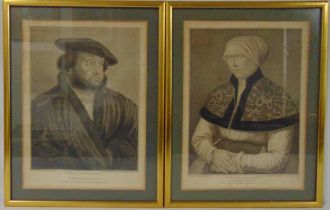 Two framed and glazed Bartolozzi monochromatic etchings of Holbein and his wife, 33 x 24cm