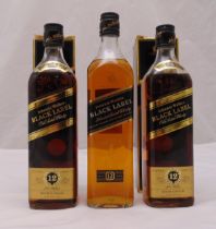 Johnnie Walker Black Label three 70cl bottles 40%, two in fitted packaging