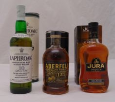 Three bottles of single malt whisky to include Laphroaig 10 year old 70cl 40% 1990s, Aberfeldy 12