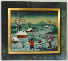 Josip Generalic framed painting on glass of a figure carrying a Christmas tree in a winter