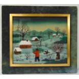 Josip Generalic framed painting on glass of a figure carrying a Christmas tree in a winter