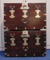 A pair of oriental rectangular hardwood chests with brass mounts and original locks, 47 x 72.5 x