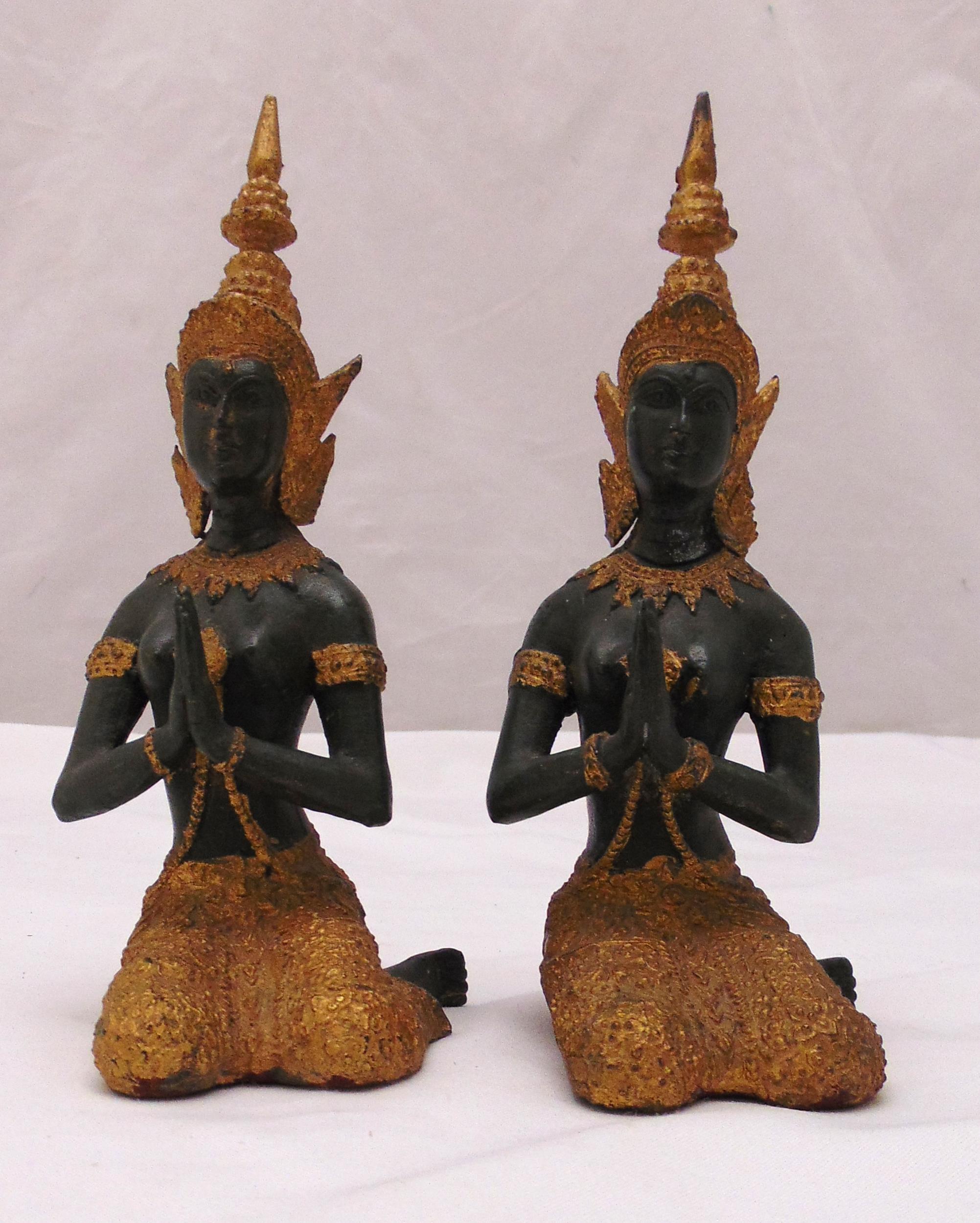 A pair of copper and bronze figurines of Thai Teppannom Angel kneeling figures, 22cm (h)
