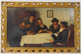 F. Eden framed 19th century oil on board of a group of religious Jews around the table, signed