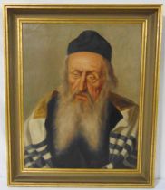 A framed oil on canvas portrait of a Rabbi, indistinctly signed bottom right, 50 x 39.5cm