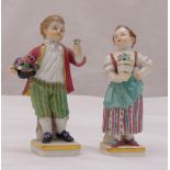 Two Meissen figurines of children holding flowers, marks to the bases, 10.5cm (h)