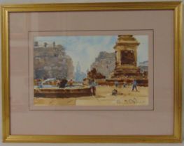 A framed and glazed watercolour of Trafalgar Square, indistinctly signed bottom right, 16.5 x 27cm