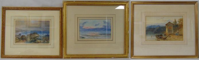 Three framed and glazed watercolours of coastal scenes, 12.5x 18.5cm 15 x 22cm 11 x 7cm