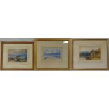 Three framed and glazed watercolours of coastal scenes, 12.5x 18.5cm 15 x 22cm 11 x 7cm