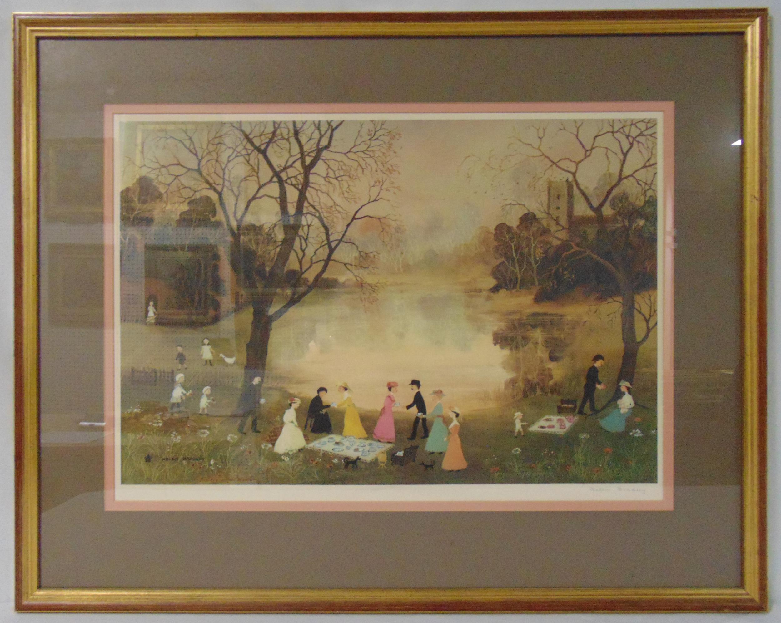 Helen Bradley framed and glazed polychromatic lithograph of figures in a park, signed bottom right