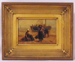 A framed oil on panel miniature of ladies on a beach in front of a fishing boat, 6 x 9.5cm
