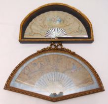 Two late 19th century framed French fans, one decorated in the Chinoiserie style the other decorated