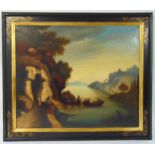 A 19th century framed oil on canvas of figures in a boat on a river near a cave in the na‹ve