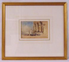 A framed and glazed watercolour of figures in front of a ruin, 9 x 14cm