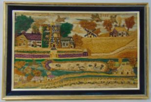 A framed stump work embroidered country scene with buildings, fields and birds, titled The Lord Is