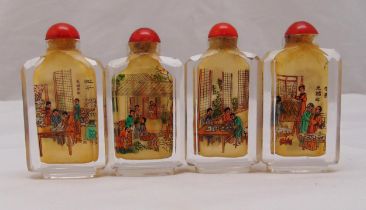 Four oriental glass snuff bottles decorated with figures in interior scenes, 8cm (h)