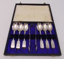 A cased set of hallmarked silver fiddle pattern teaspoons and a pair of sugar tongs in fitted case