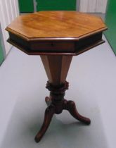 A Victorian mahogany octagonal trumpet form sewing box the hinged cover revealing fitted interior