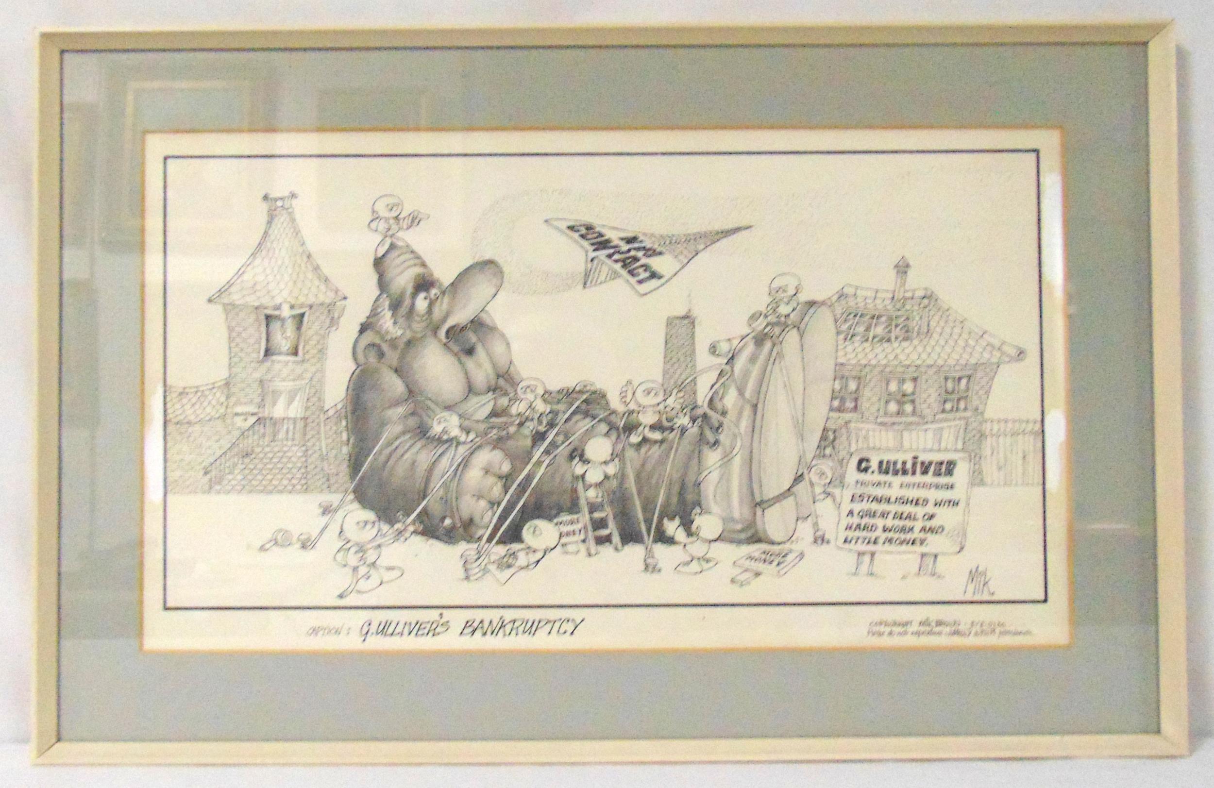 Mik framed and glazed monochromatic cartoon titled Gullivers Bankruptcy, signed bottom right, 29.5 x