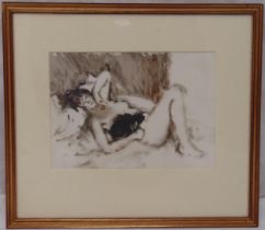 Bernard Dunstan framed and glazed watercolour and chalk drawing of a recumbent female, monogrammed