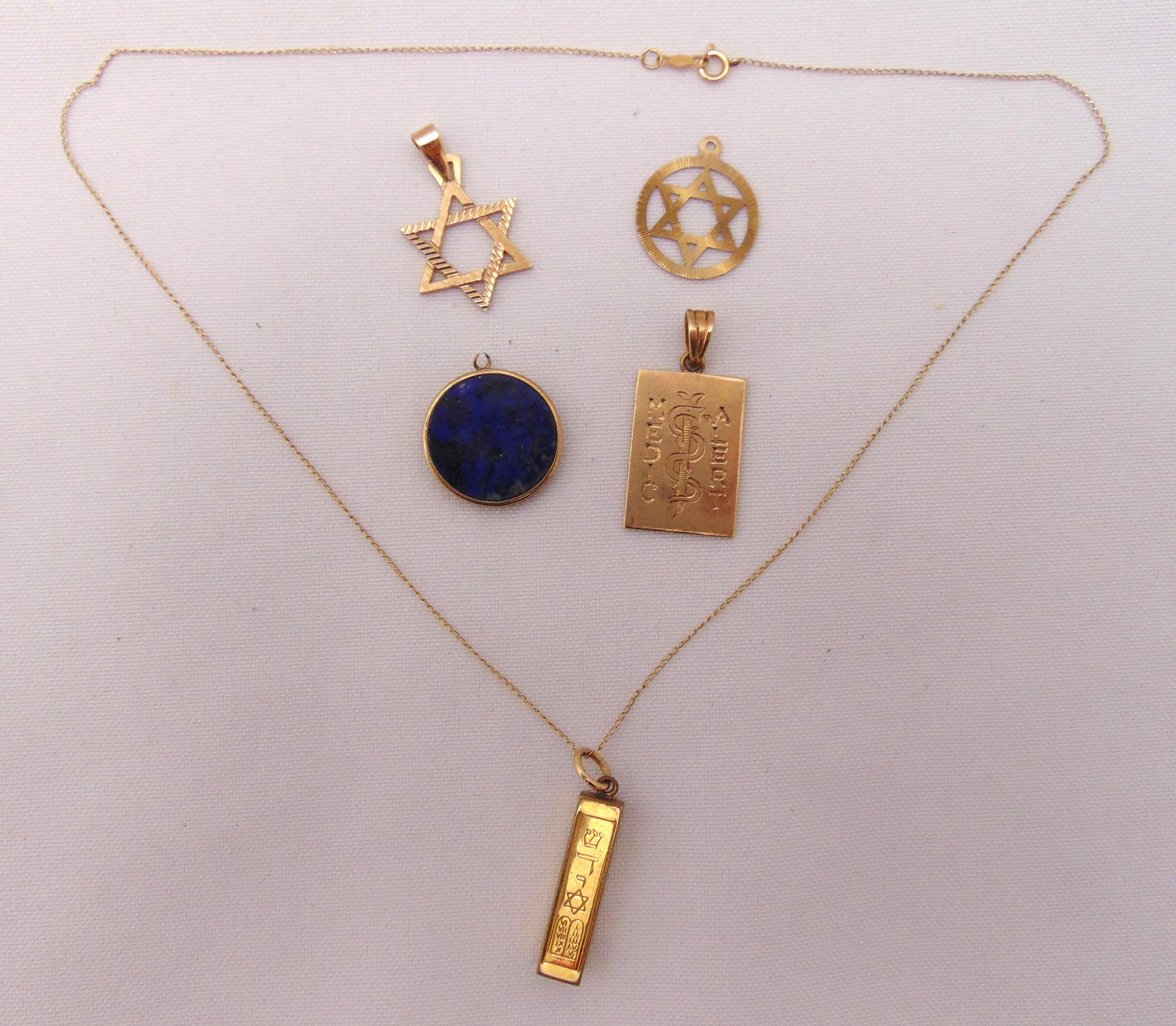 A quantity of 9ct gold to include five pendants and 14ct gold chain, approx total weight 9.1g