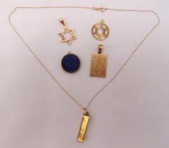 A quantity of 9ct gold to include five pendants and 14ct gold chain, approx total weight 9.1g