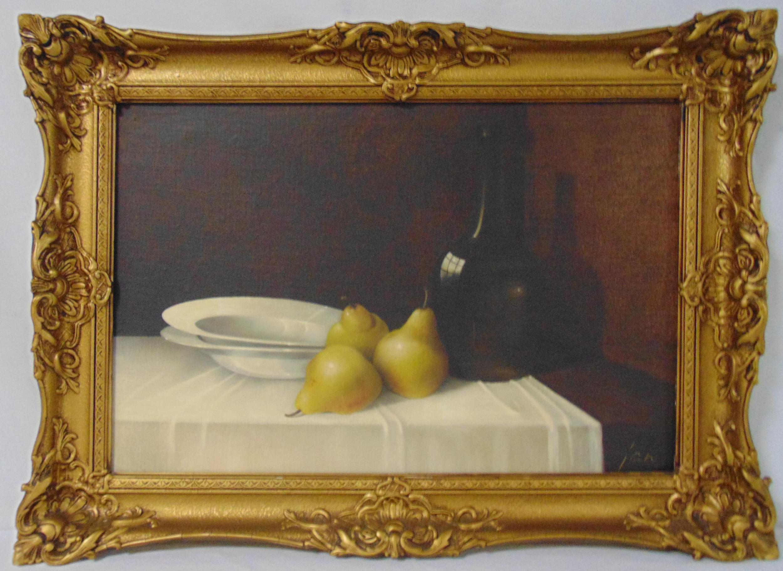 A framed oil on board still life of pears, plates and a bottle of wine on a table, indistinctly