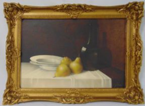 A framed oil on board still life of pears, plates and a bottle of wine on a table, indistinctly