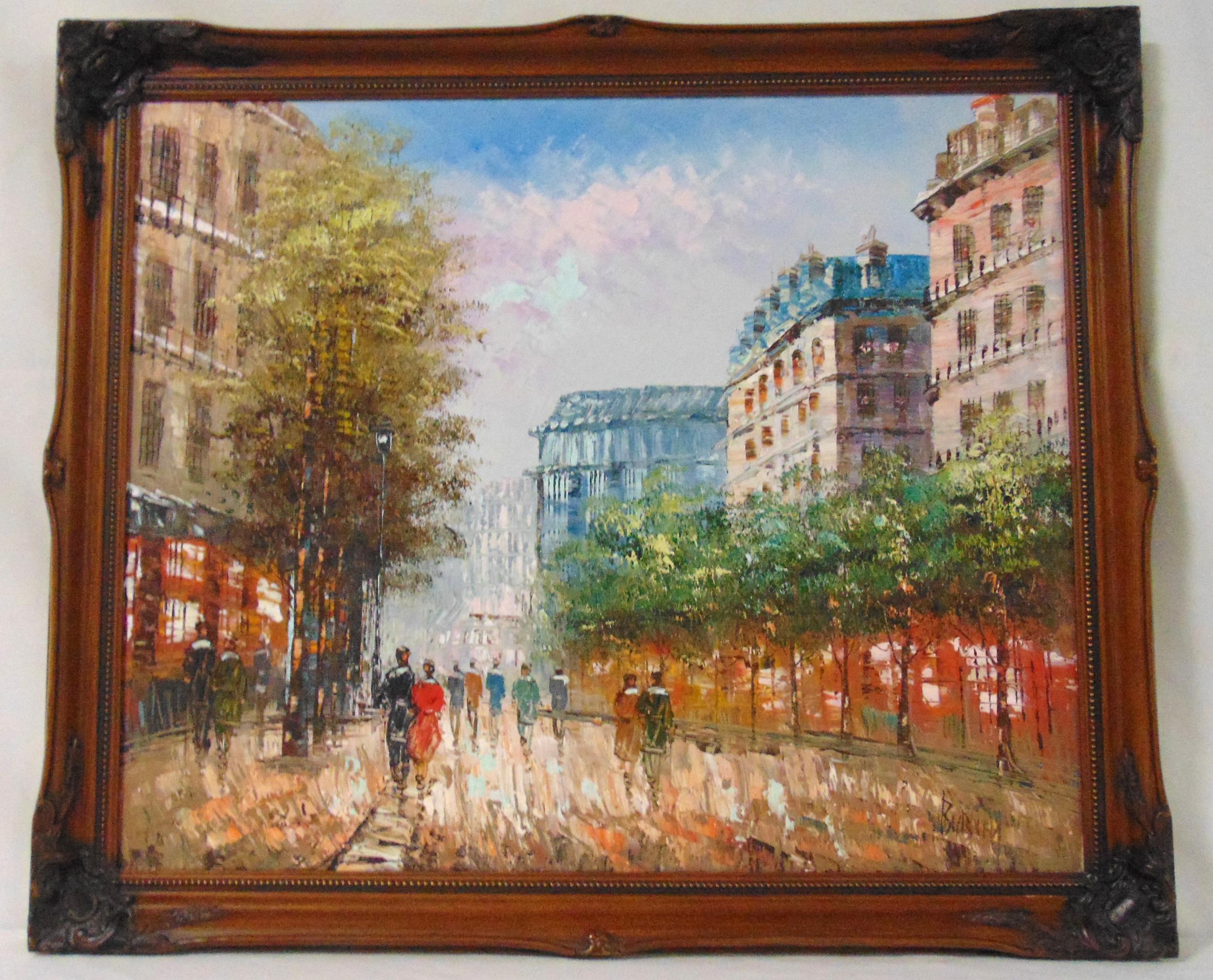 Burnett framed oil on canvas of a Parisienne street scene, signed bottom right, 50 x 60cm