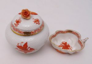 Herend orange Apponyi pattern sugar bowl with pull off cover and a matching pin dish in the form