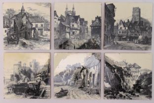 A set of six monochrome Minton tiles of landscapes and buildings painted by L T Swetman circa 1853-