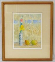 Frans Wesselman framed and glazed watercolour titled Daffodil, Tulip and Apples, signed bottom