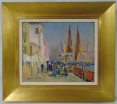 A framed oil on canvas of a figures in a street scene, indistinctly signed bottom left, 37 x 44cm