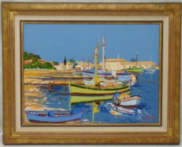 Ernest Audibet framed oil on canvas of Barques de Peche, signed bottom right, details to verso, 52.
