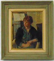 Bernhard Dunstan framed oil on panel of a seated lady, monogrammed bottom left, 29 x 24cm, ARR