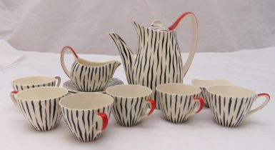 Midwinter coffee set circa 1960 for six place settings to include a coffee pot, a cream jug, a sugar