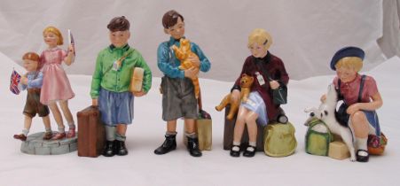 Five Royal Doulton figurines to include The Girl Evacuee HN 3203, The Boy Evacuee HN 3202, The