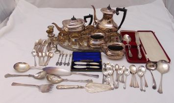 A quantity of silver plate to include a teaset, an oval tray, tea glass holders and flatware