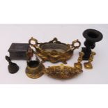 A quantity of bronze, brass and gilt metal to include a vase, taper sticks, a covered jewellery box,