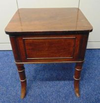 A rectangular mahogany chamber pot cabinet with hinged cover on four faux bamboo legs, 47.5 x 43 x