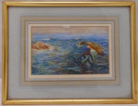 A framed and glazed watercolour of mermaids frolicking by rocks, indistinctly signed bottom left, 29