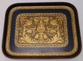 James Shoolbred and Co papier mache shaped rectangular tray decorated with birds, flowers, leaves