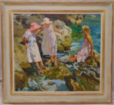 Youri Krotov framed oil on canvas titled The Girls, signed bottom right with label to verso, 76 x
