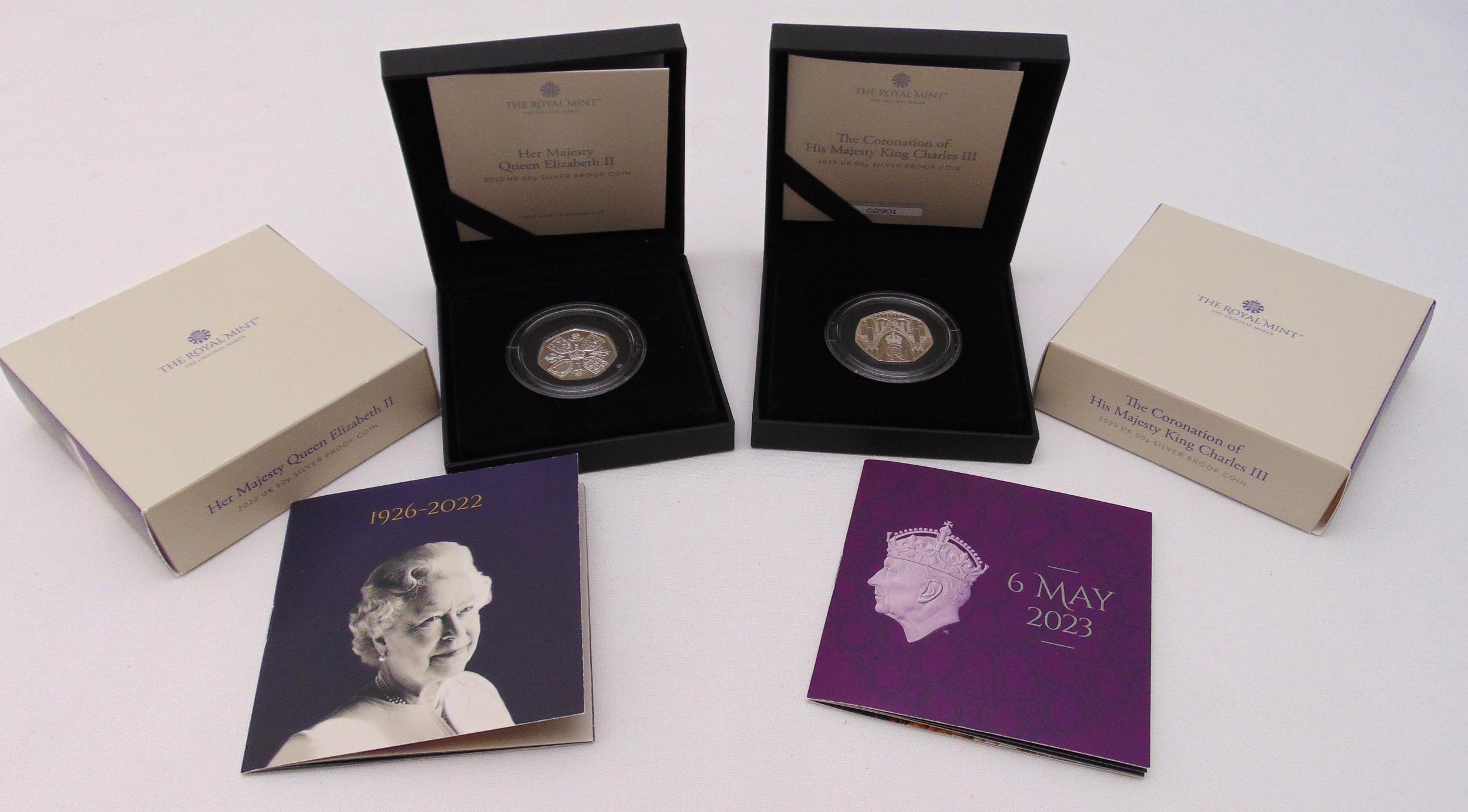 2022 and 2023 proof silver 50p coins in original packaging and COAs