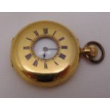 18ct gold half hunter ladies pocket watch, enamel dial with Roman numerals (dial A/F)