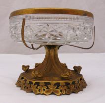 A cut glass circular bowl with ornate gilded metal detachable stand, 19.5 x 22cm