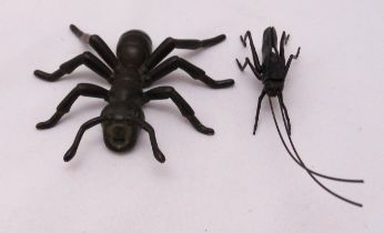 Two Japanese Okimono figurines, an articulated ant and a beetle, 14.5 x 2cm and 10x 10cm